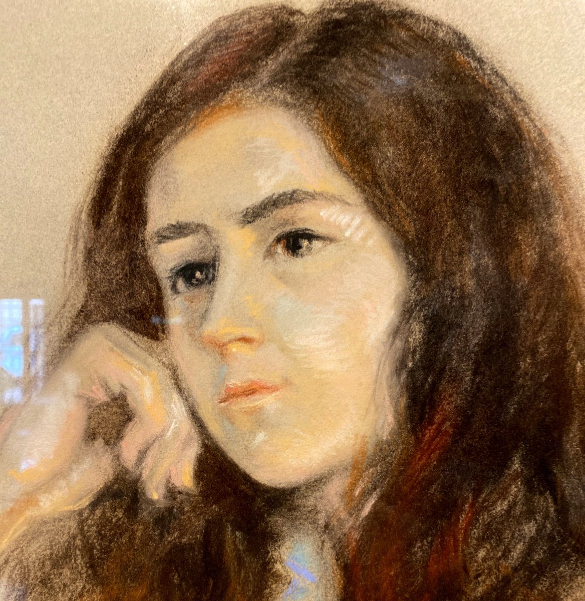 Pastel Portrait Of A Pensive Young Woman Signed At Bottom Right-photo-3