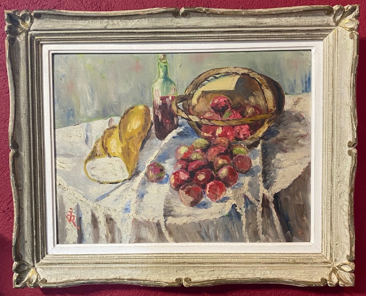 Still Life With Fruits Oil On Panel In A Magnificent Carved Wood Frame CerusÉ Gold