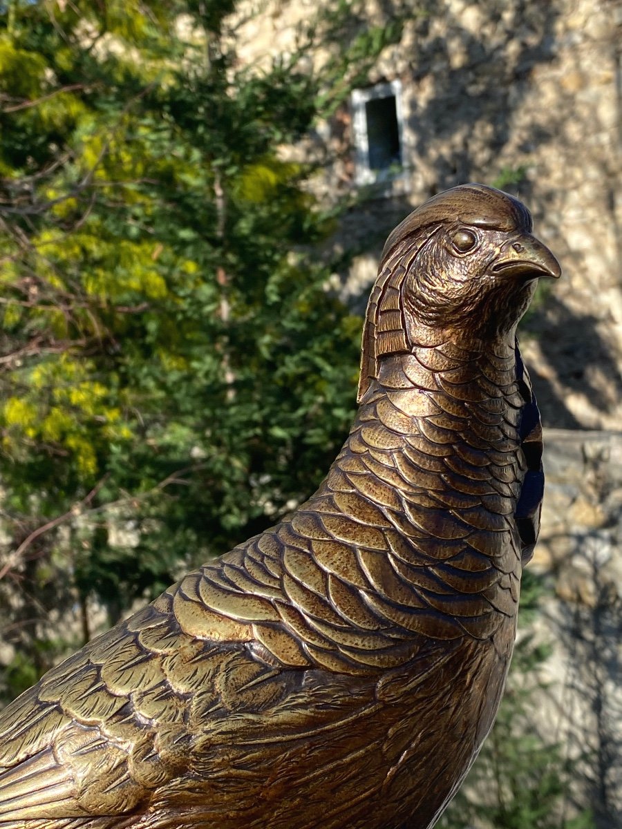 Bronze Sculpture Shaded Gilded Of A Pheasant Signed Georges Lavroff Russian 1930-photo-3