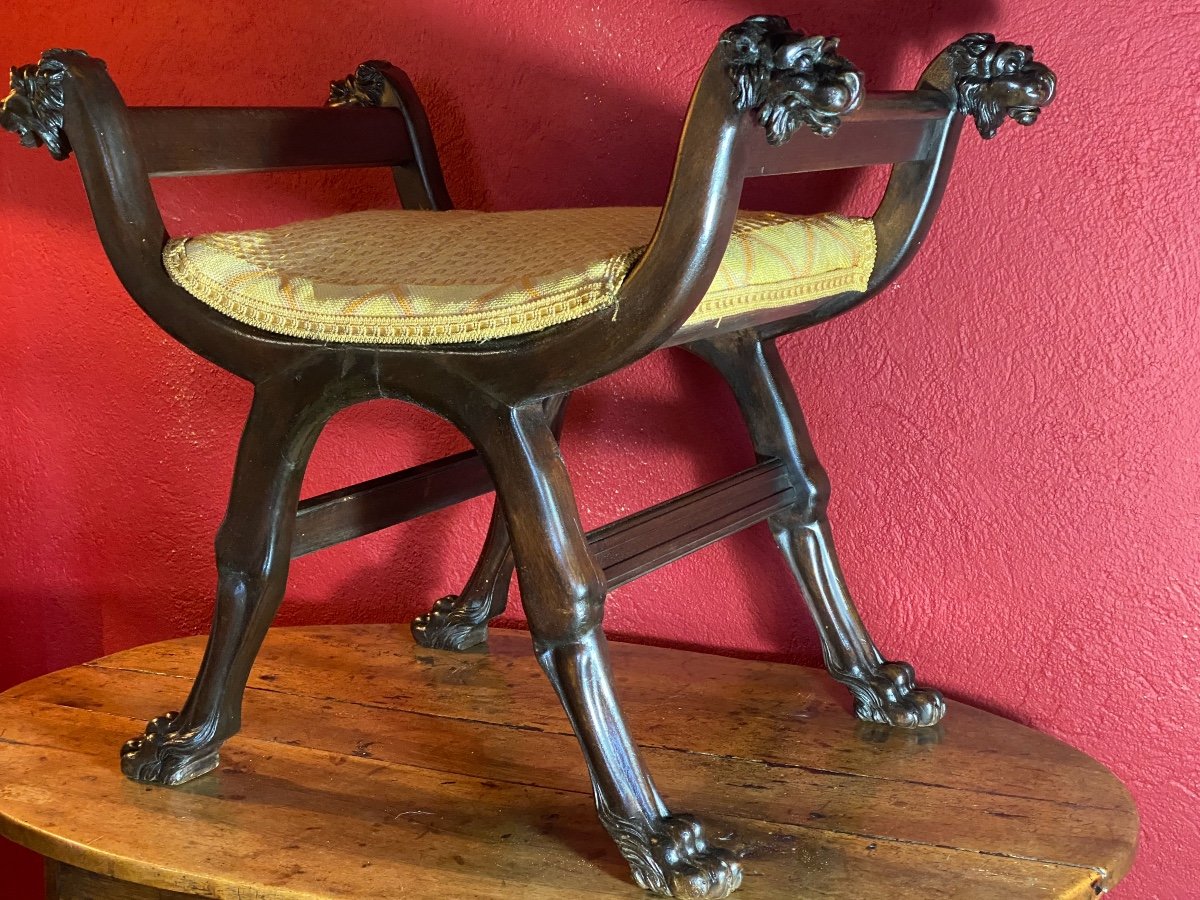 Mahogany  Curule Seat Directoire Period Decorated With Sculptures Of Lions Heads And Griffins Feet