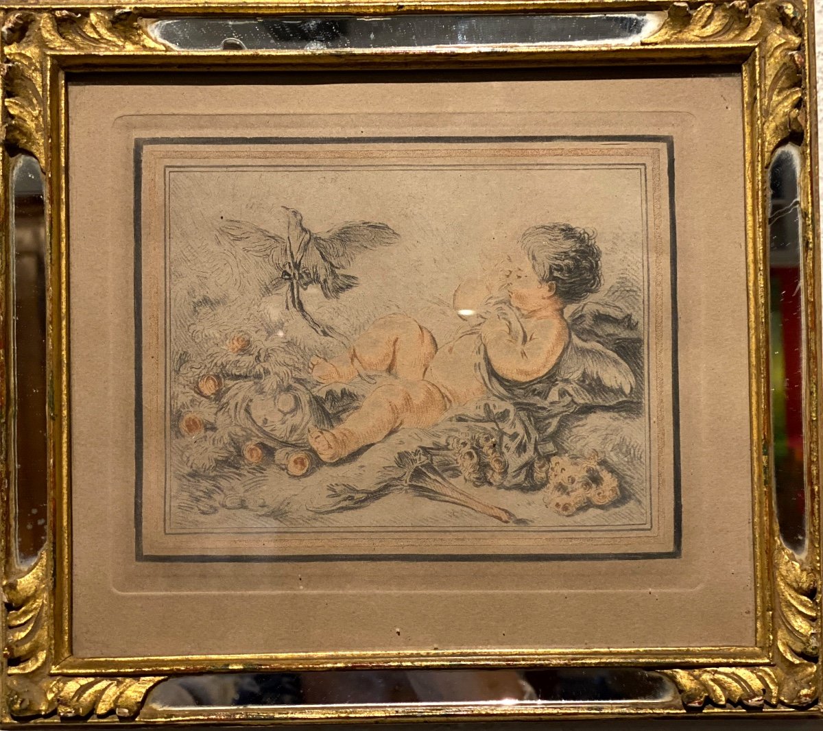 Pair Old Prints Of Eros In The Style Of Fragonard Golden Frame In Wood With Glazing Beads-photo-2