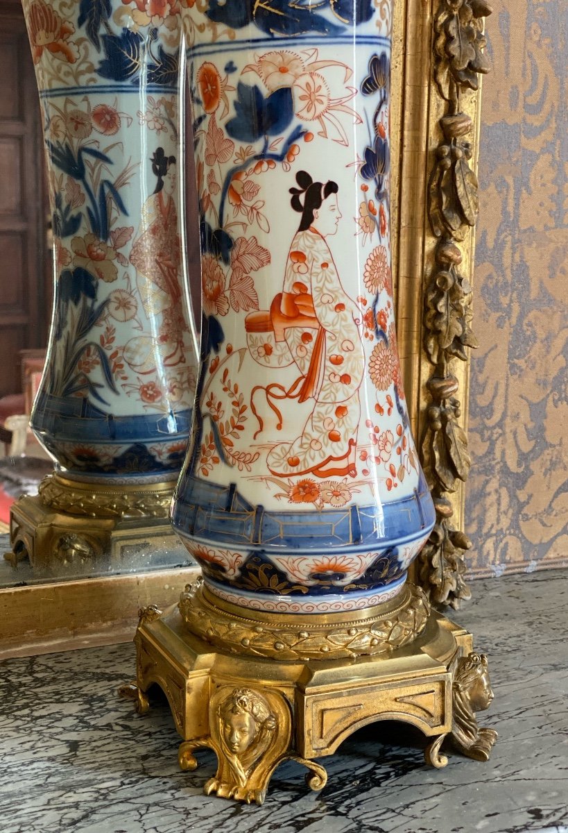 Paire Vases  Imari Japonais   Epoque   Napoléon III     Sur Base   En Bronze Doré Or Fin -photo-3
