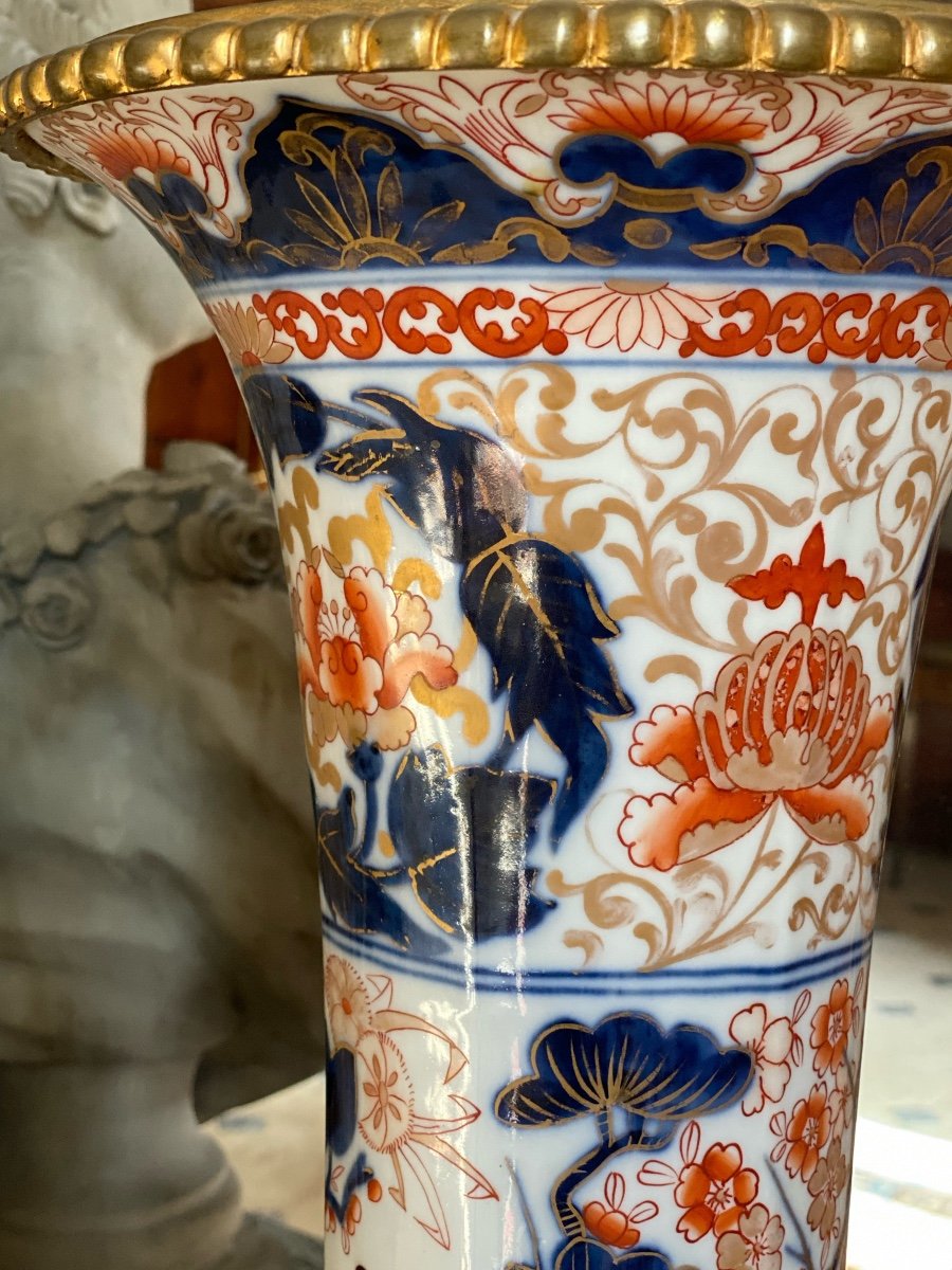 Paire Vases  Imari Japonais   Epoque   Napoléon III     Sur Base   En Bronze Doré Or Fin -photo-1