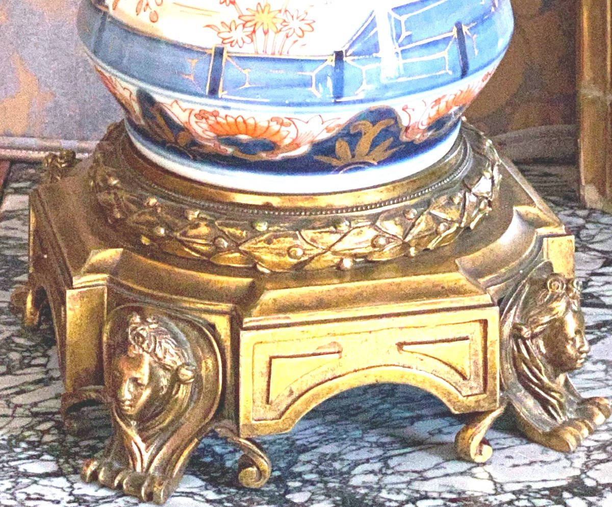 Paire Vases  Imari Japonais   Epoque   Napoléon III     Sur Base   En Bronze Doré Or Fin -photo-7