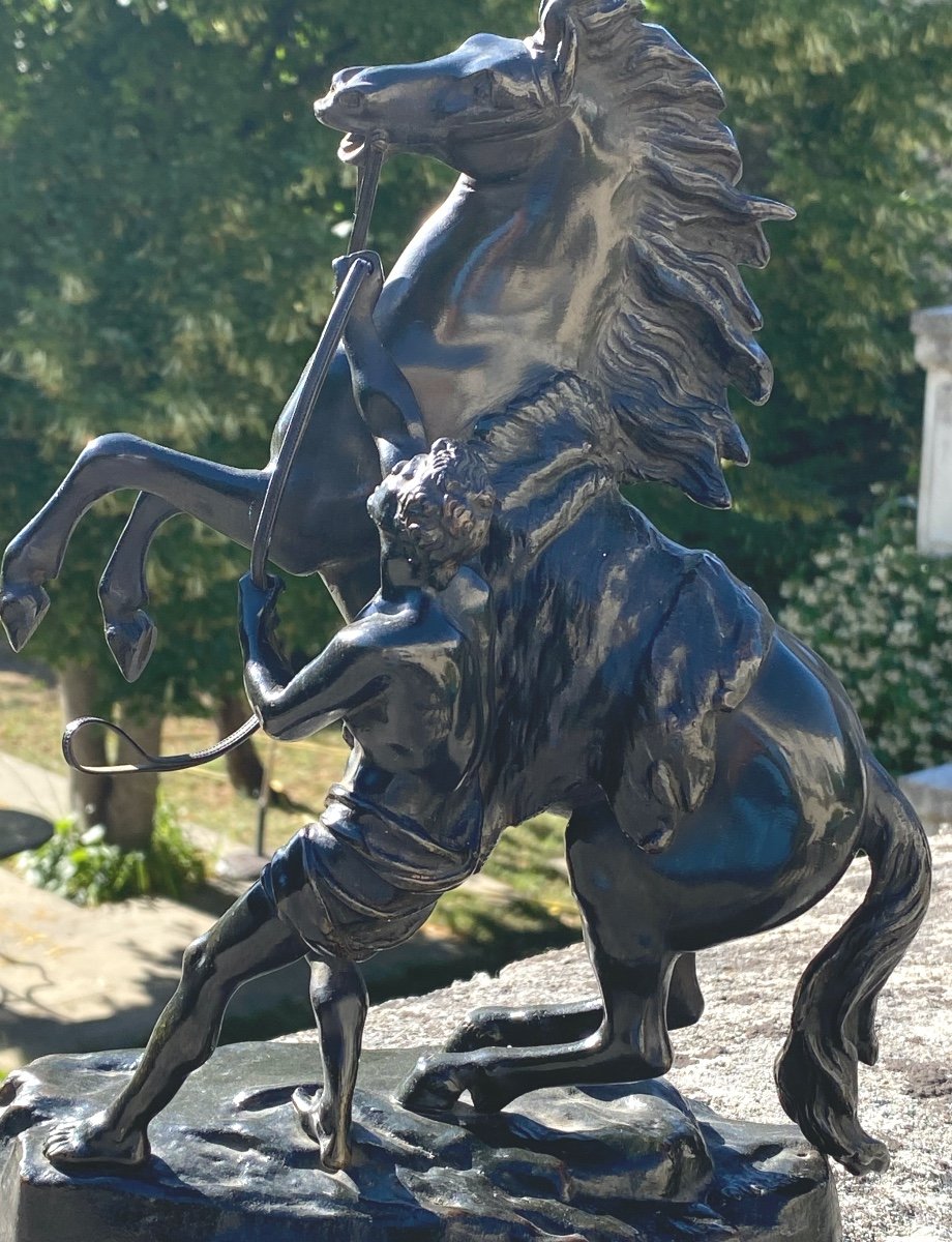 Pair Of Marly Horse Sculptures In Patinated Bronze Signed Coustou-photo-5
