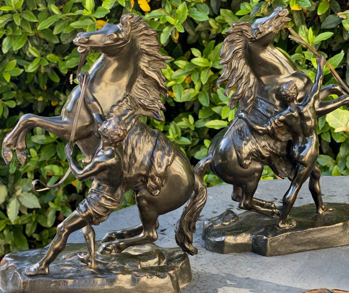 Pair Of Marly Horse Sculptures In Patinated Bronze Signed Coustou-photo-7