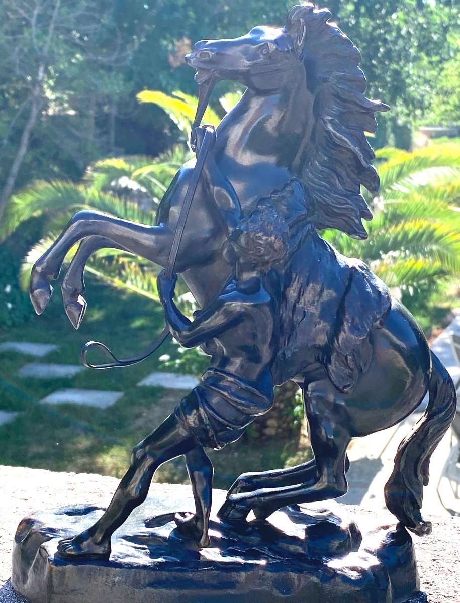Pair Of Marly Horse Sculptures In Patinated Bronze Signed Coustou