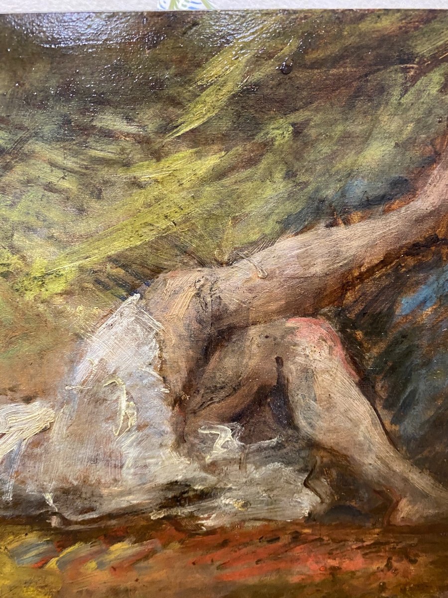 Nineteen Th Lying Nude Painting On Wood Board Impressionist -photo-3