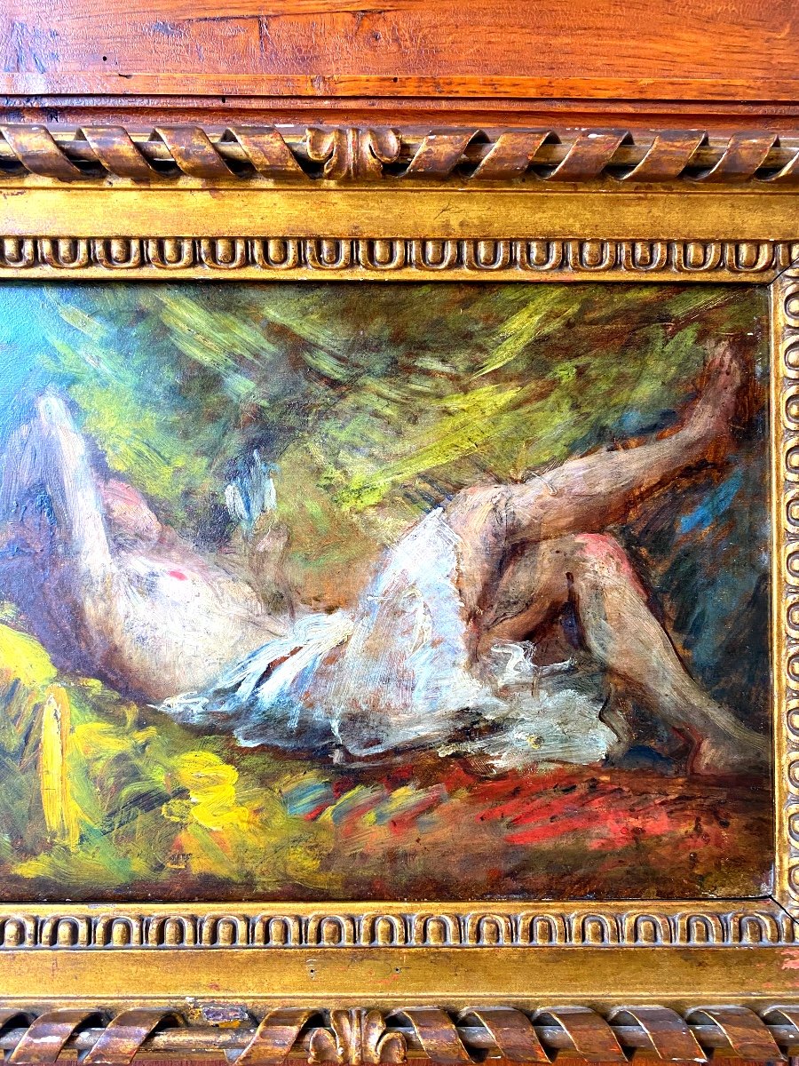 Nineteen Th Lying Nude Painting On Wood Board Impressionist -photo-4