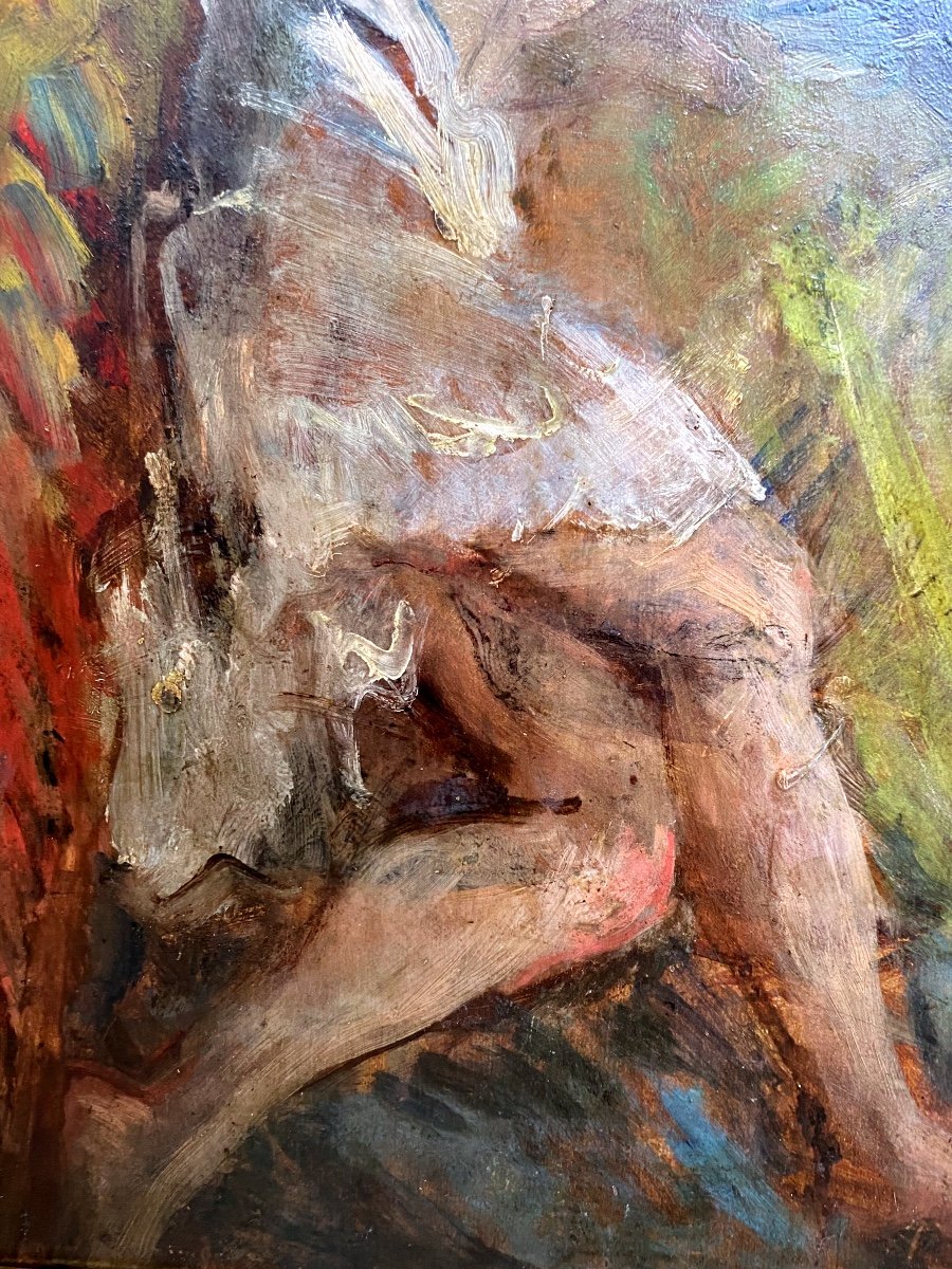 Nineteen Th Lying Nude Painting On Wood Board Impressionist -photo-1