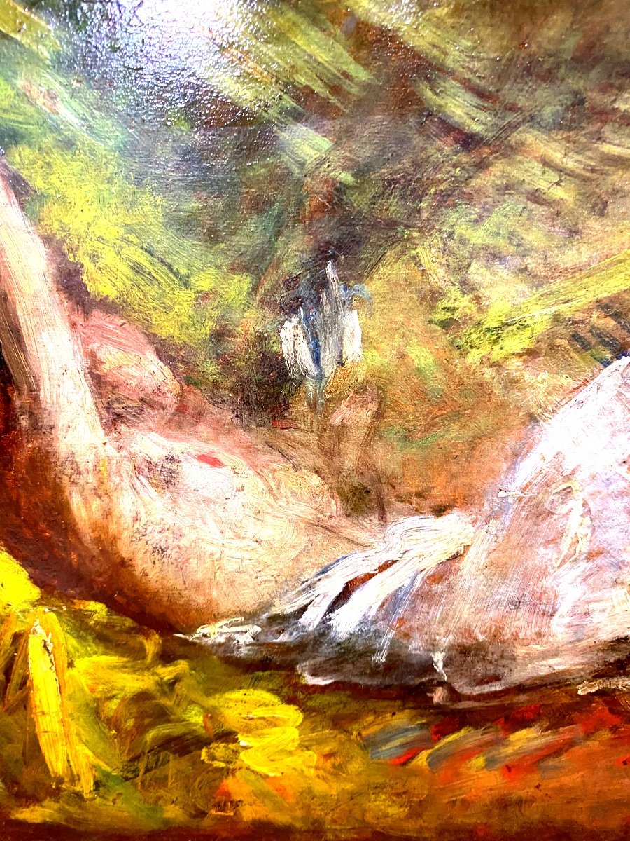 Nineteen Th Lying Nude Painting On Wood Board Impressionist -photo-3