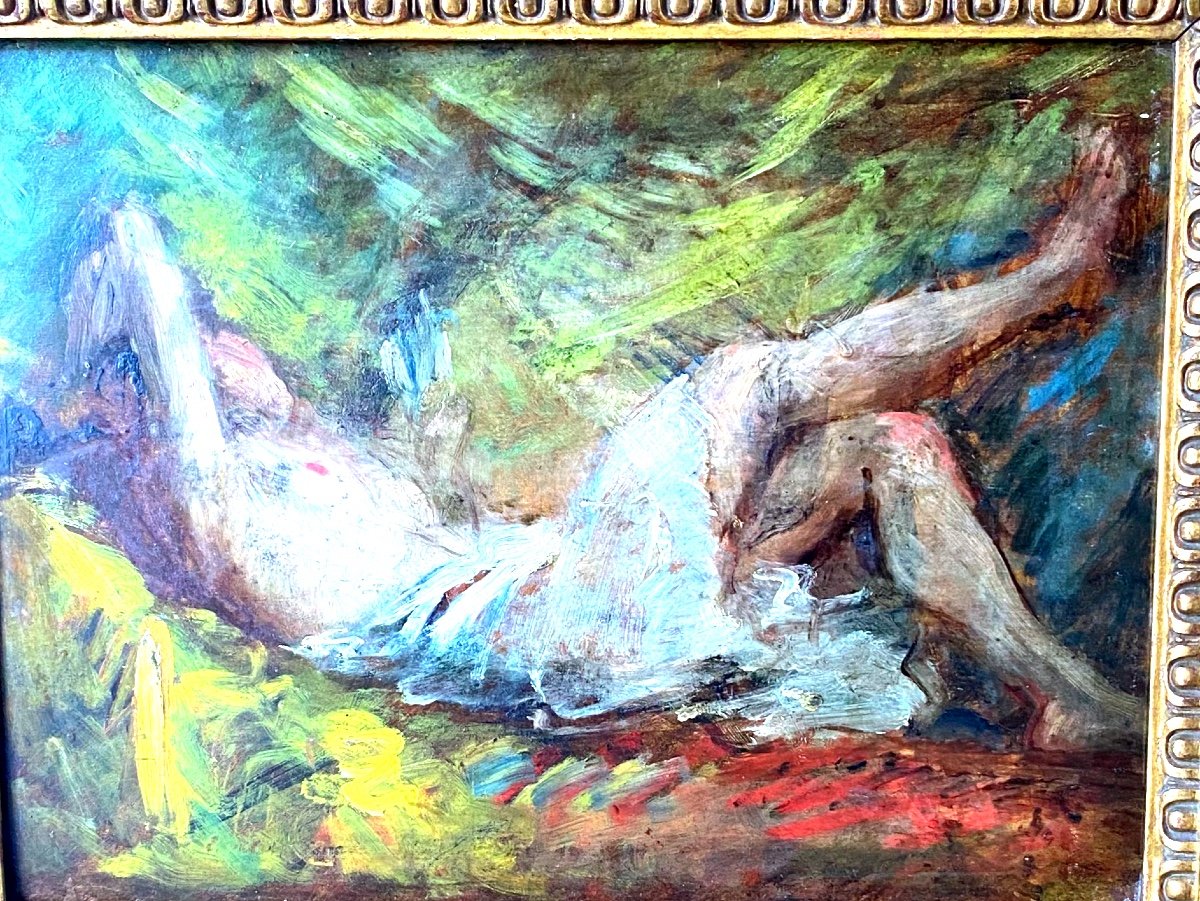 Nineteen Th Lying Nude Painting On Wood Board Impressionist -photo-4