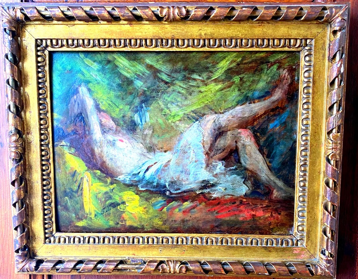 Nineteen Th Lying Nude Painting On Wood Board Impressionist 