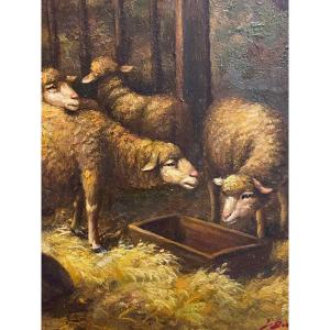 Tableau  Encadré    Sur Panneau Bois  XIX éme  De Moutons  Signé Henri De Buel  Peintre Belge