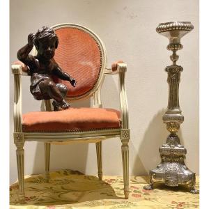 Louis XVI Period Altar Candlestick In Bronze And Silver Metal Tripod Base Griffons Foot