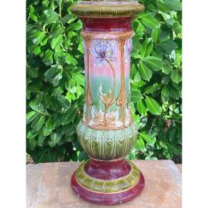 Pedestal In The Shape Of An Art Nouveau Vase With Floral Slip Decor In Four Panels  