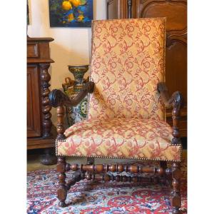 Louis XIII Period Armchair From The 17th Century In Walnut Upholstered With Bordeaux Ramagres Fabric On A Gold Background