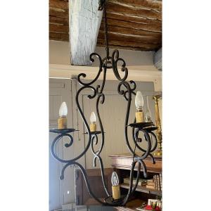 19th Century Cage Chandelier In Wrought Iron With Five Lights  