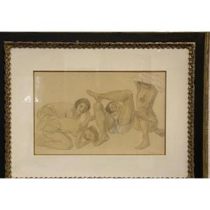 DESSIN  GOUACHÉ   XX ème   de jeunes personnes sur la plage   par   ODILLON   ROCHE  1868-1947