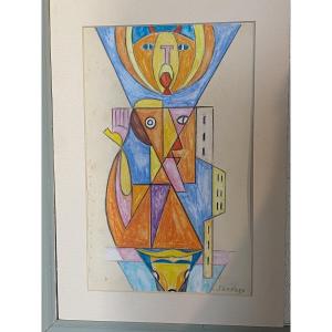 DESSIN    GOUACHÉ    ABSTRACT   SUR PAPIER   XX ème    SIGNÉ      SURVAGE