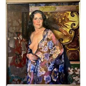 19th Century Impressionist Japanese-style Painting On Panel: Woman In Dressing Gown Showing One Breast 