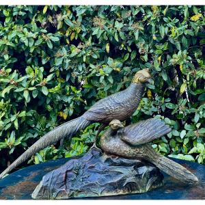 SCULPTURE   RUSSE  EN BRONZE  ART DÉCO   1930  d'un  FAISAN  ET FAISANE  PAR  GEORGE  LABROFF 