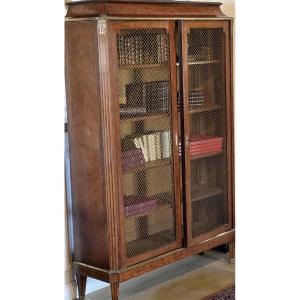 BIBLIOTHÈQUE   XIX è    EN BOIS PRÉCIEUX  À DEUX PORTES   GRILLAGEES  DE  LAITON DORÉ  TISSÉ
