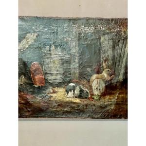 Painting 19 Th Century Of Rabbits Esting In A Farme By Charles Emile Jasque