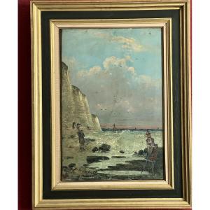 PEINTURE SUR BOIS IMPRESSIONNISTE XIX è LES FALAISES D'ETRETAT SIGNATURE
