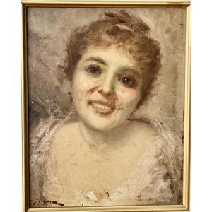 PORTRAIT de JEUNE FEMME HUILE SUR PANNEAU SIGNÉ GUSTAVE JACQUET 1846-1909