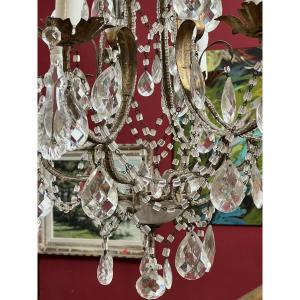Antique Six-light Crystal Chandelier With Pendants, Mounted On Bronze, Louis XV Style