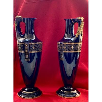 Pair Of Porcelain And Bronze Vases Decoration Art Nouveau Sarreguemines