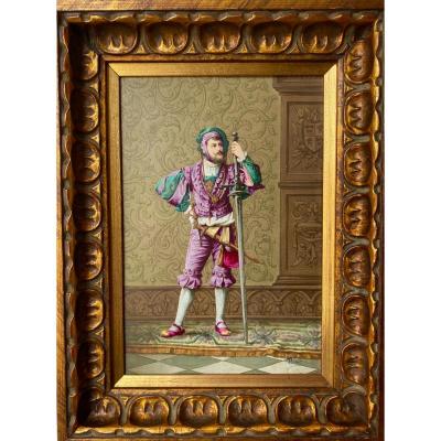  Painting On Porcelain  Of A Guard In The Renaissance Style Signed  Bigot 19 Th Century