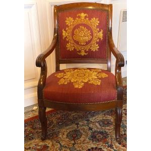 4 Charles X Period Armchairs In Mahogany Covered With Burgundy Fabrics A Golden Pattern