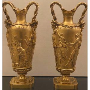 Pair Of Antique Gilt Bronze Vases With Vestal Decor And Faun Sculptures