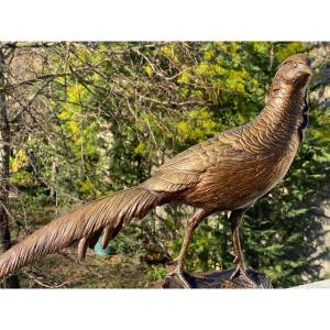 Bronze Sculpture Shaded Gilded Of A Pheasant Signed Georges Lavroff Russian 1930