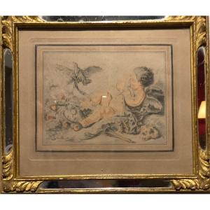 Pair Old Prints Of Eros In The Style Of Fragonard Golden Frame In Wood With Glazing Beads