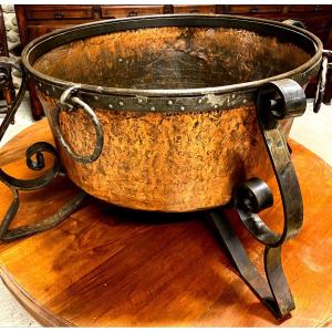 Large Old Hammered Copper Cauldron On Wrought Iron Base