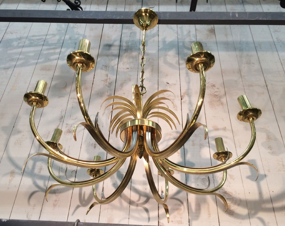 Brushed Metal And Gilt Metal Pineapple Chandelier. French Work In The Style Of Maison Baguès. Vers 1970-photo-3