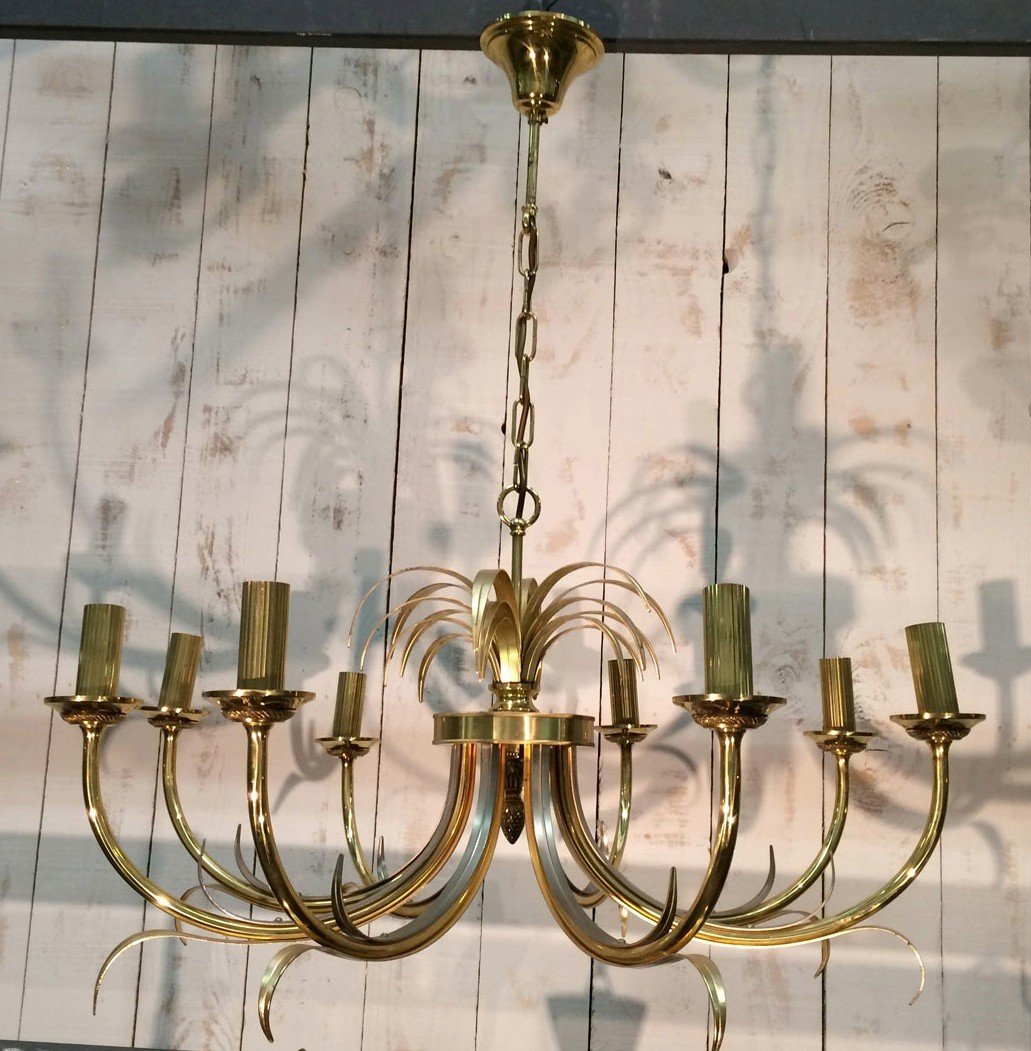 Brushed Metal And Gilt Metal Pineapple Chandelier. French Work In The Style Of Maison Baguès. Vers 1970-photo-4