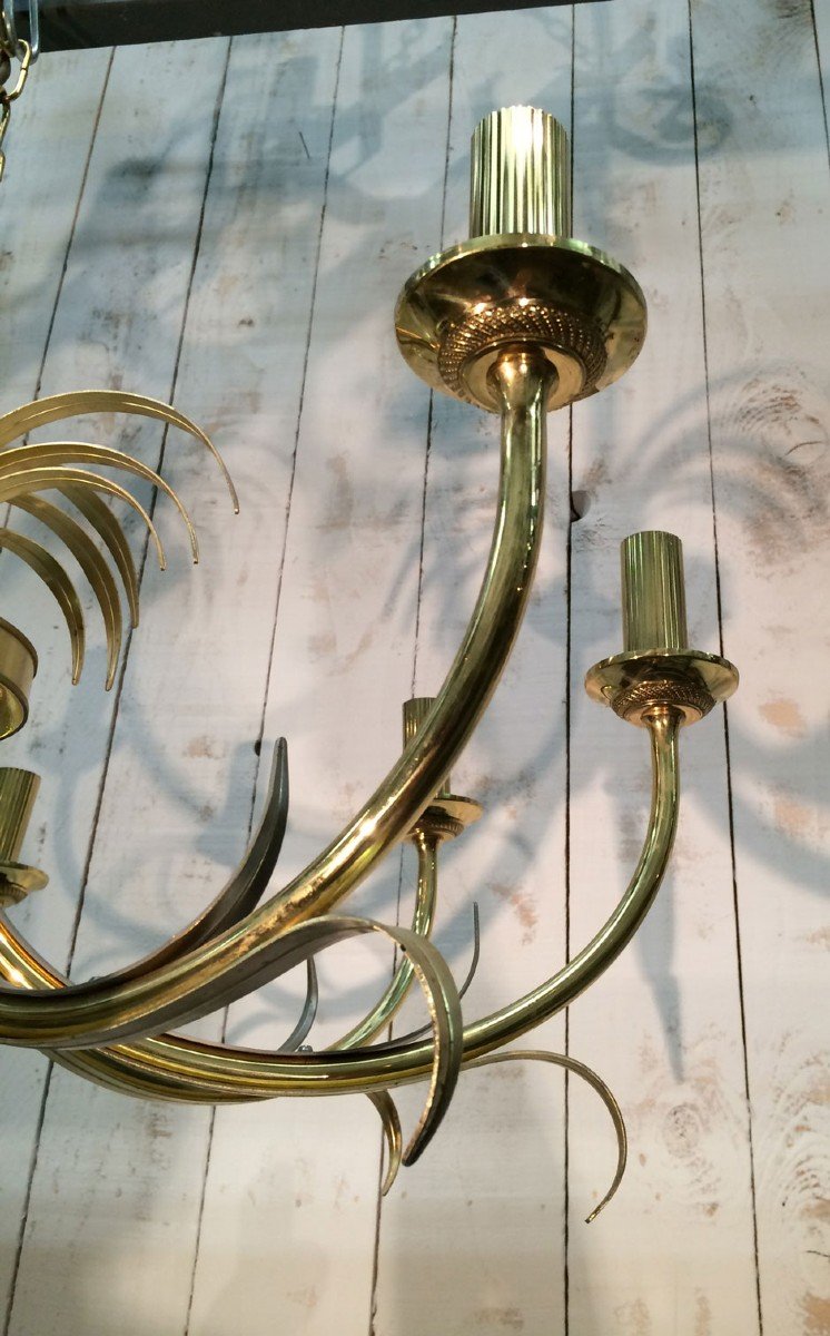 Brushed Metal And Gilt Metal Pineapple Chandelier. French Work In The Style Of Maison Baguès. Vers 1970-photo-2