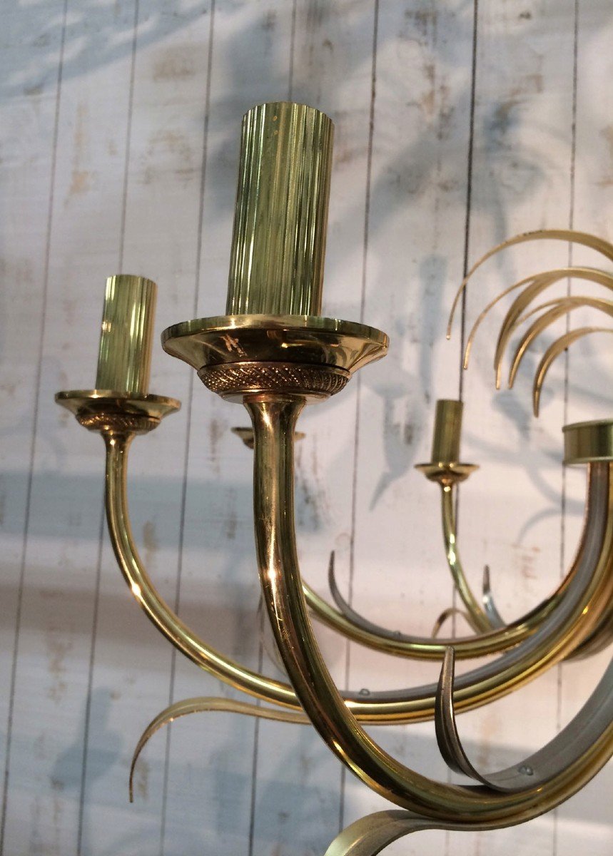 Brushed Metal And Gilt Metal Pineapple Chandelier. French Work In The Style Of Maison Baguès. Vers 1970-photo-4