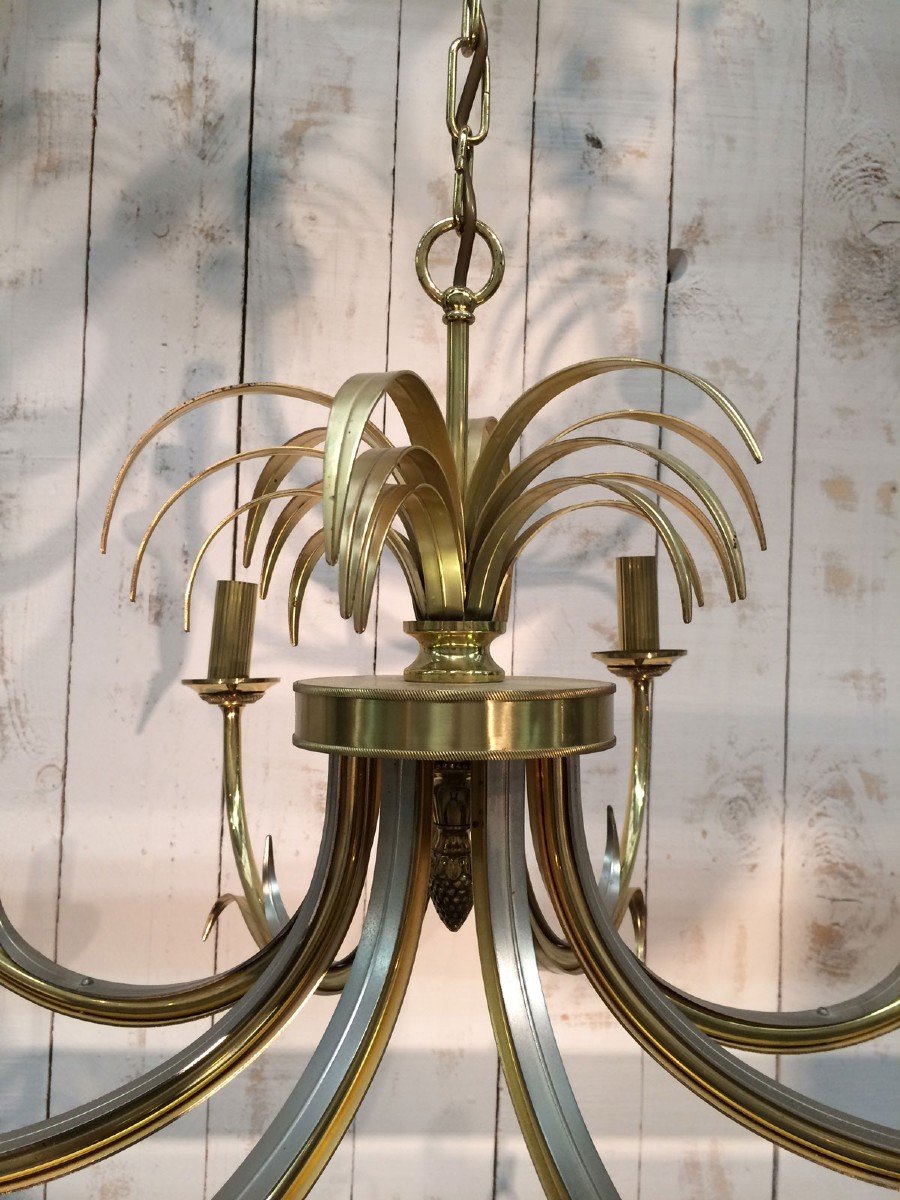 Brushed Metal And Gilt Metal Pineapple Chandelier. French Work In The Style Of Maison Baguès. Vers 1970-photo-5