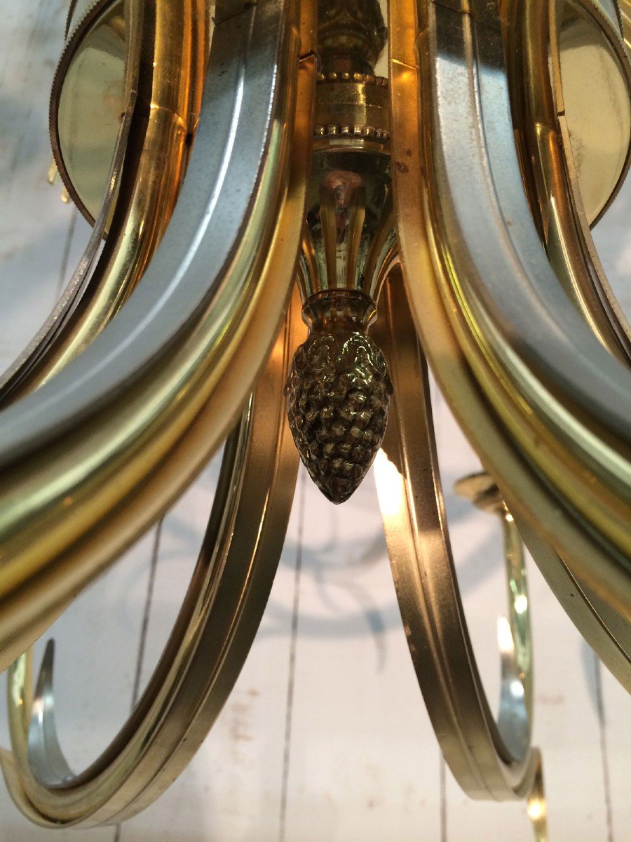 Brushed Metal And Gilt Metal Pineapple Chandelier. French Work In The Style Of Maison Baguès. Vers 1970-photo-6