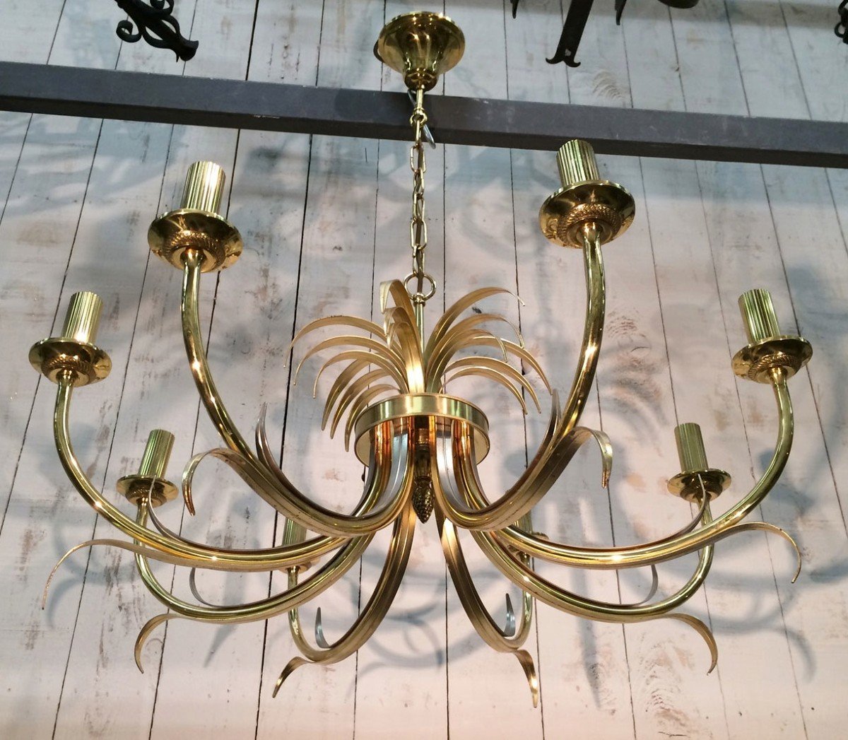 Brushed Metal And Gilt Metal Pineapple Chandelier. French Work In The Style Of Maison Baguès. Vers 1970