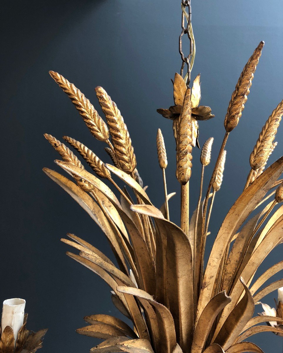 Coco Channel Wheat Gilt Metal Chandelier. French Work. Circa 1970-photo-1