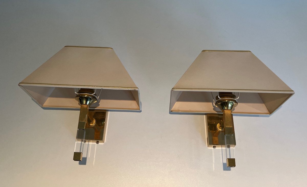 Pair Of Design Lucite And Gilt Wall Sconces. French Work. Circa 1970-photo-2