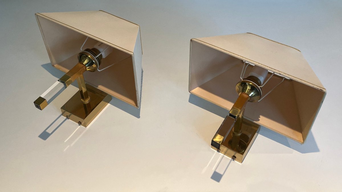 Pair Of Design Lucite And Gilt Wall Sconces. French Work. Circa 1970-photo-1