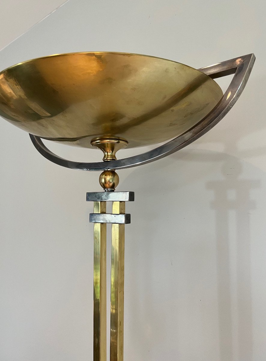 Steel And Brass Floor Lamp, Standing On A Black Marble Base-photo-3