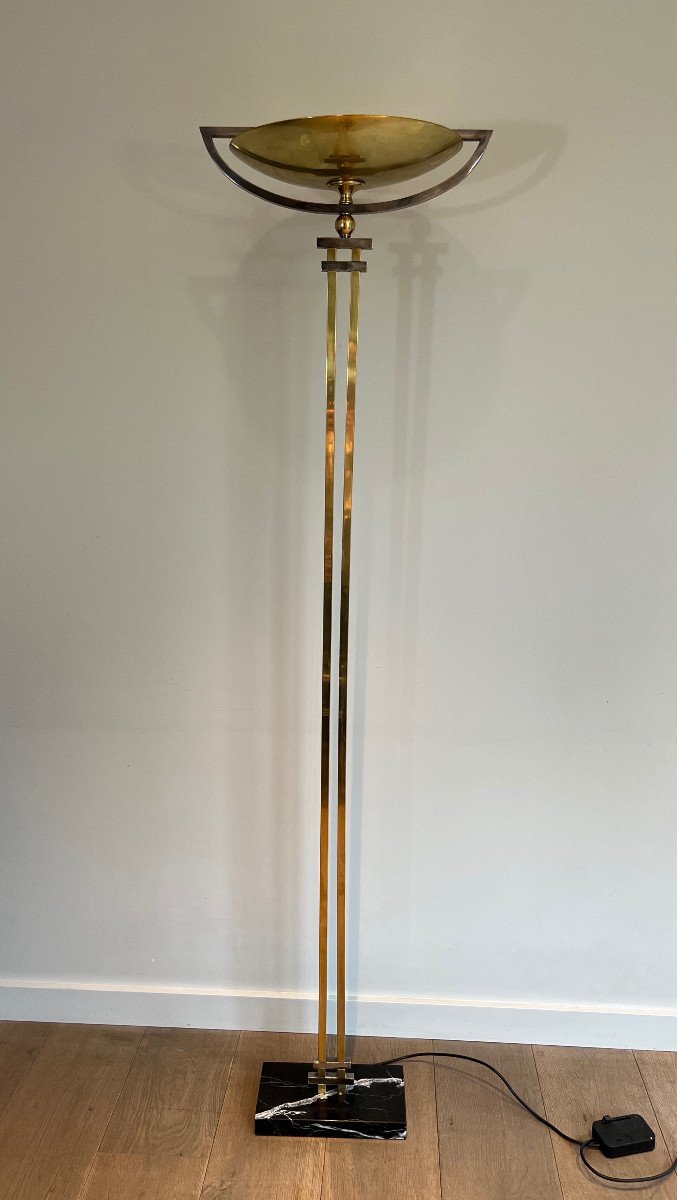 Steel And Brass Floor Lamp, Standing On A Black Marble Base